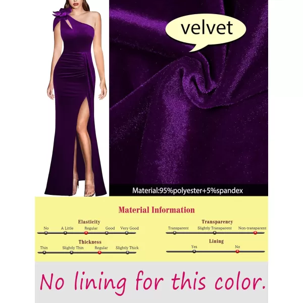 VFSHOW Womens 3D Flower One Shoulder Ruched Prom Formal Wedding Guest Maxi Dress 2023 Sexy Cocktail Split Cutout Evening GownPurple Velvet