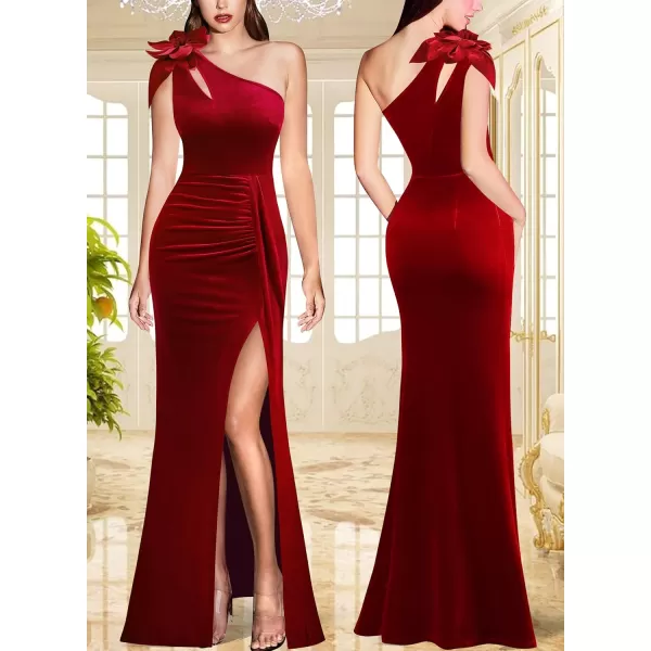 VFSHOW Womens 3D Flower One Shoulder Ruched Prom Formal Wedding Guest Maxi Dress 2023 Sexy Cocktail Split Cutout Evening GownRed Velvet