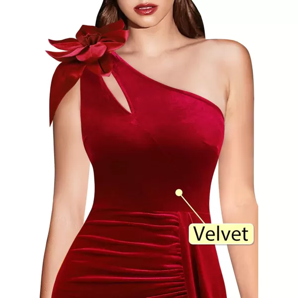 VFSHOW Womens 3D Flower One Shoulder Ruched Prom Formal Wedding Guest Maxi Dress 2023 Sexy Cocktail Split Cutout Evening GownRed Velvet