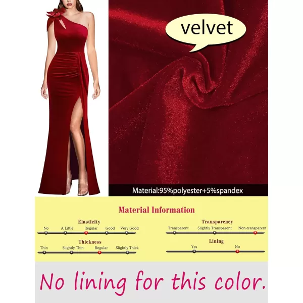 VFSHOW Womens 3D Flower One Shoulder Ruched Prom Formal Wedding Guest Maxi Dress 2023 Sexy Cocktail Split Cutout Evening GownRed Velvet