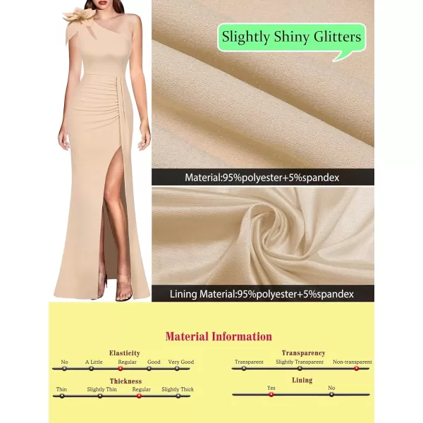 VFSHOW Womens 3D Flower One Shoulder Ruched Prom Formal Wedding Guest Maxi Dress 2023 Sexy Cocktail Split Cutout Evening GownSparkly Beige2