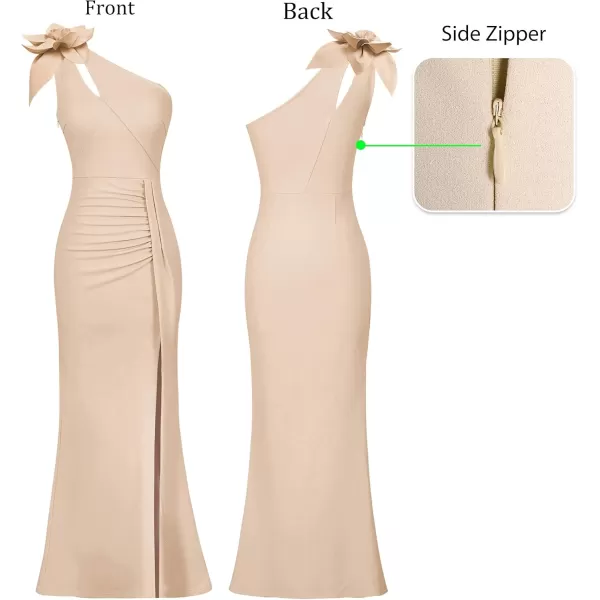 VFSHOW Womens 3D Flower One Shoulder Ruched Prom Formal Wedding Guest Maxi Dress 2023 Sexy Cocktail Split Cutout Evening GownSparkly Beigea