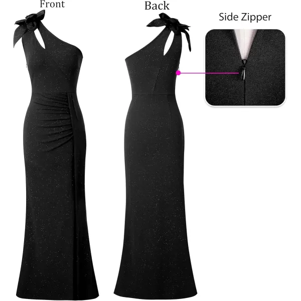 VFSHOW Womens 3D Flower One Shoulder Ruched Prom Formal Wedding Guest Maxi Dress 2023 Sexy Cocktail Split Cutout Evening GownSparkly Black