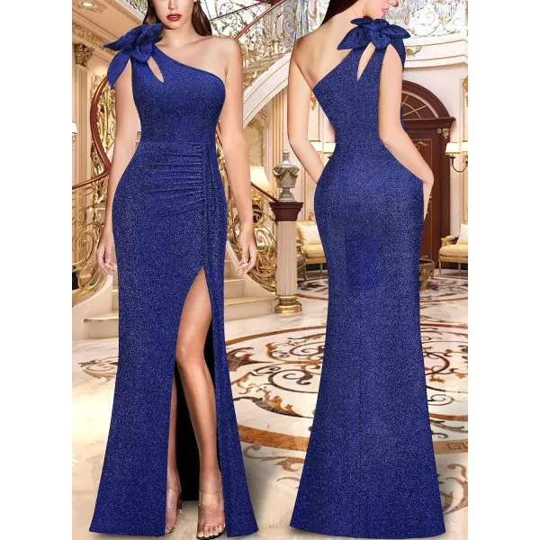 VFSHOW Womens 3D Flower One Shoulder Ruched Prom Formal Wedding Guest Maxi Dress 2023 Sexy Cocktail Split Cutout Evening GownSparkly Blue