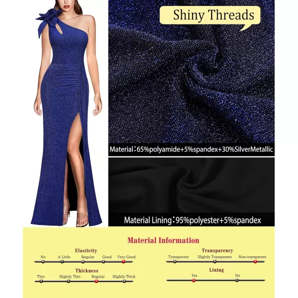 VFSHOW Womens 3D Flower One Shoulder Ruched Prom Formal Wedding Guest Maxi Dress 2023 Sexy Cocktail Split Cutout Evening GownSparkly Blue