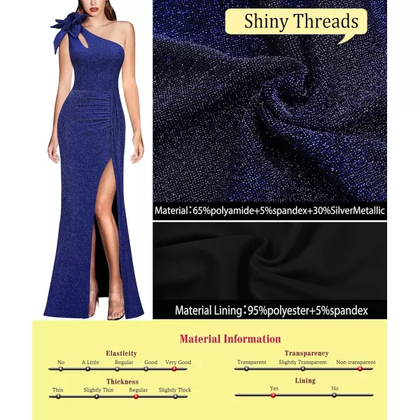 VFSHOW Womens 3D Flower One Shoulder Ruched Prom Formal Wedding Guest Maxi Dress 2023 Sexy Cocktail Split Cutout Evening GownSparkly Blue2