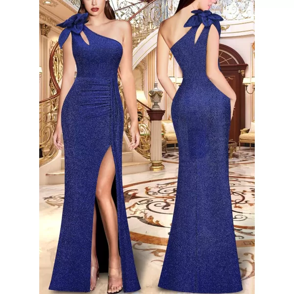 VFSHOW Womens 3D Flower One Shoulder Ruched Prom Formal Wedding Guest Maxi Dress 2023 Sexy Cocktail Split Cutout Evening GownSparkly Blue2