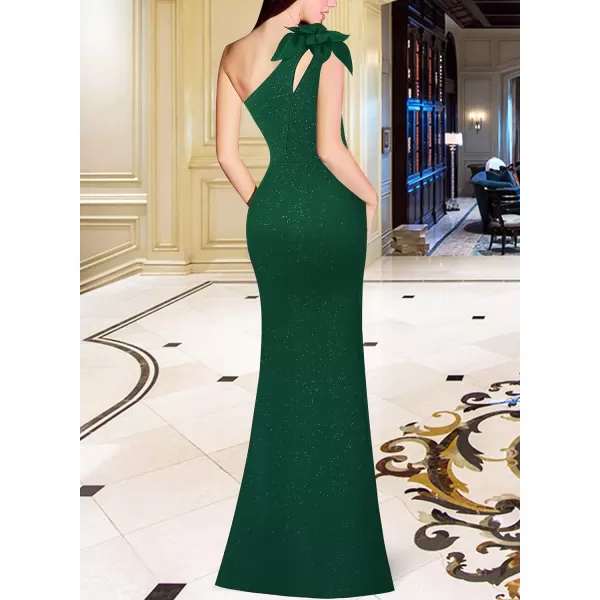 VFSHOW Womens 3D Flower One Shoulder Ruched Prom Formal Wedding Guest Maxi Dress 2023 Sexy Cocktail Split Cutout Evening GownSparkly Dark Green