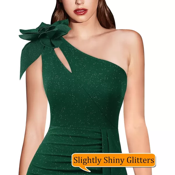 VFSHOW Womens 3D Flower One Shoulder Ruched Prom Formal Wedding Guest Maxi Dress 2023 Sexy Cocktail Split Cutout Evening GownSparkly Dark Green