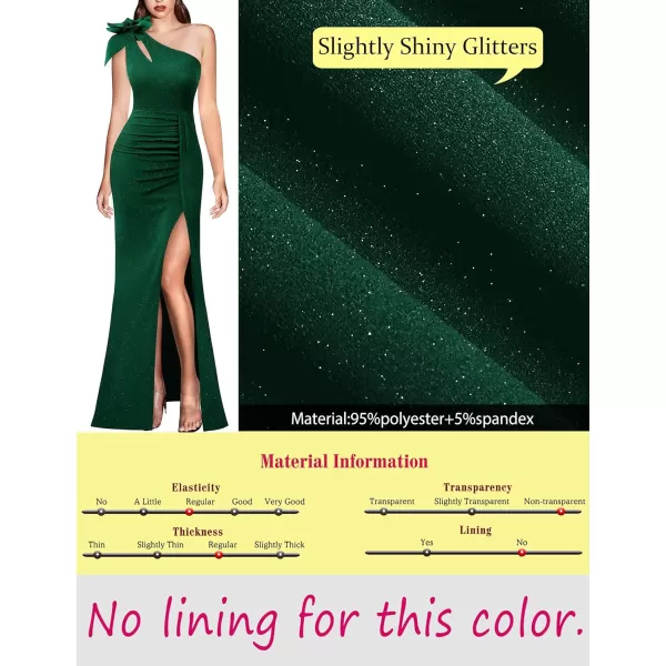 VFSHOW Womens 3D Flower One Shoulder Ruched Prom Formal Wedding Guest Maxi Dress 2023 Sexy Cocktail Split Cutout Evening GownSparkly Dark Green