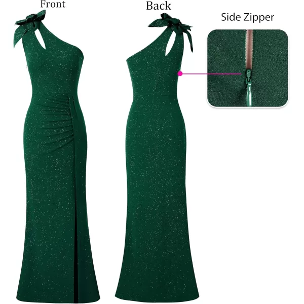 VFSHOW Womens 3D Flower One Shoulder Ruched Prom Formal Wedding Guest Maxi Dress 2023 Sexy Cocktail Split Cutout Evening GownSparkly Dark Green