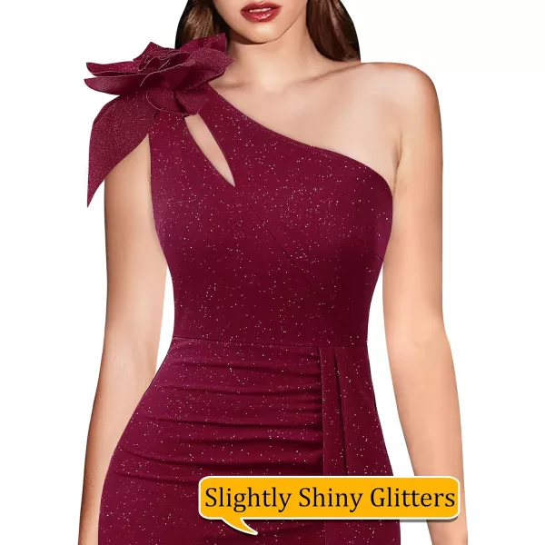 VFSHOW Womens 3D Flower One Shoulder Ruched Prom Formal Wedding Guest Maxi Dress 2023 Sexy Cocktail Split Cutout Evening GownSparkly Dark Red