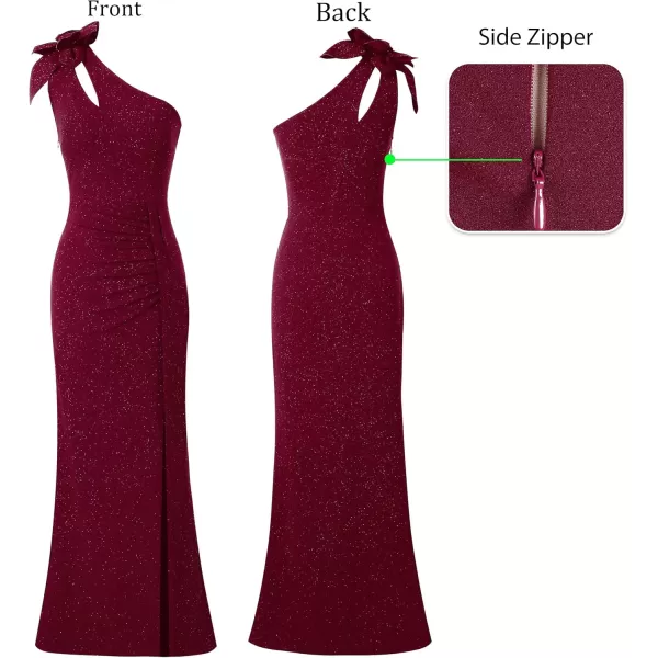 VFSHOW Womens 3D Flower One Shoulder Ruched Prom Formal Wedding Guest Maxi Dress 2023 Sexy Cocktail Split Cutout Evening GownSparkly Dark Red