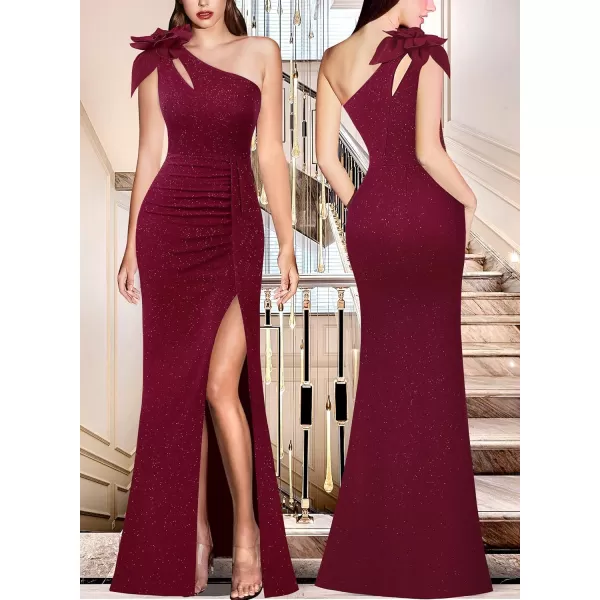 VFSHOW Womens 3D Flower One Shoulder Ruched Prom Formal Wedding Guest Maxi Dress 2023 Sexy Cocktail Split Cutout Evening GownSparkly Dark Red