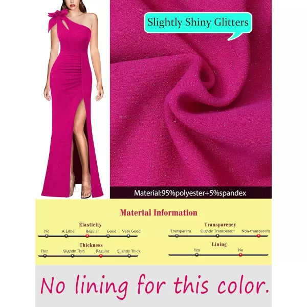 VFSHOW Womens 3D Flower One Shoulder Ruched Prom Formal Wedding Guest Maxi Dress 2023 Sexy Cocktail Split Cutout Evening GownSparkly Hot Pink