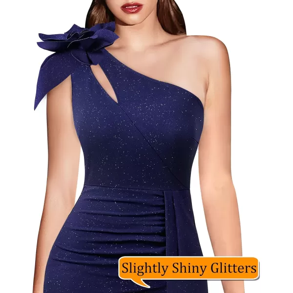 VFSHOW Womens 3D Flower One Shoulder Ruched Prom Formal Wedding Guest Maxi Dress 2023 Sexy Cocktail Split Cutout Evening GownSparkly Navy Blue