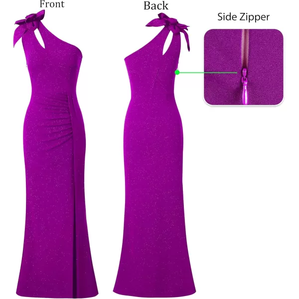 VFSHOW Womens 3D Flower One Shoulder Ruched Prom Formal Wedding Guest Maxi Dress 2023 Sexy Cocktail Split Cutout Evening GownSparkly Purple