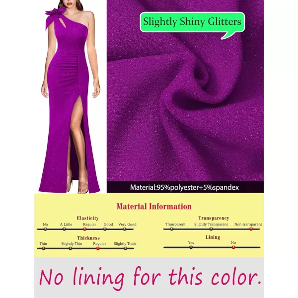 VFSHOW Womens 3D Flower One Shoulder Ruched Prom Formal Wedding Guest Maxi Dress 2023 Sexy Cocktail Split Cutout Evening GownSparkly Purple