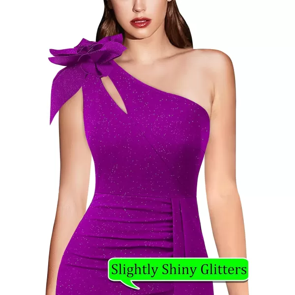 VFSHOW Womens 3D Flower One Shoulder Ruched Prom Formal Wedding Guest Maxi Dress 2023 Sexy Cocktail Split Cutout Evening GownSparkly Purple