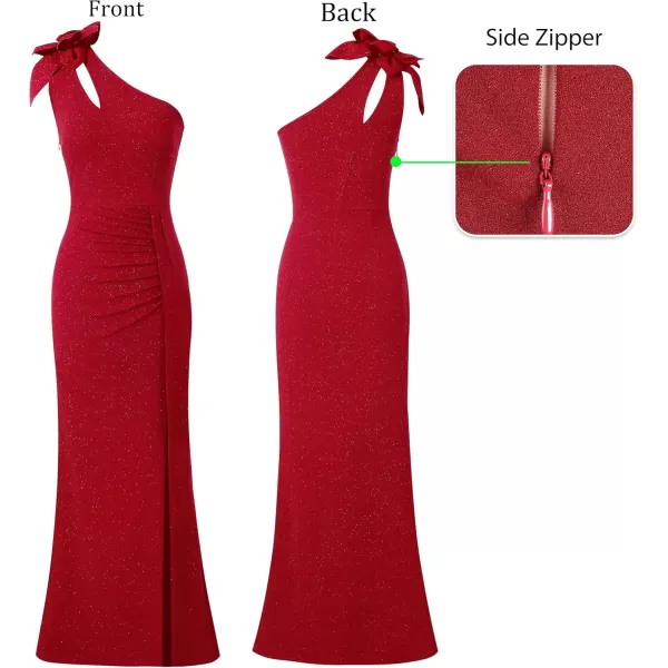 VFSHOW Womens 3D Flower One Shoulder Ruched Prom Formal Wedding Guest Maxi Dress 2023 Sexy Cocktail Split Cutout Evening GownSparkly Red