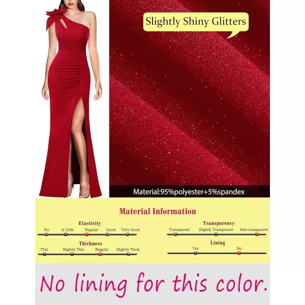 VFSHOW Womens 3D Flower One Shoulder Ruched Prom Formal Wedding Guest Maxi Dress 2023 Sexy Cocktail Split Cutout Evening GownSparkly Red