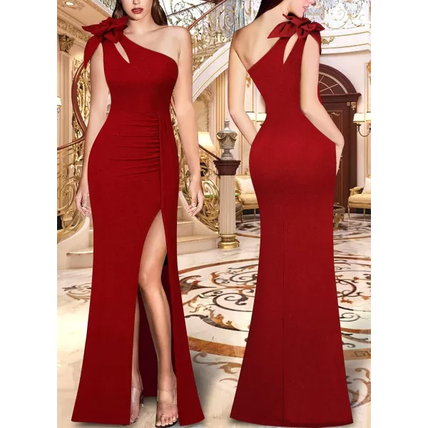 VFSHOW Womens 3D Flower One Shoulder Ruched Prom Formal Wedding Guest Maxi Dress 2023 Sexy Cocktail Split Cutout Evening GownSparkly Red2