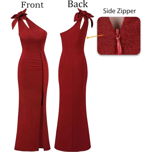 VFSHOW Womens 3D Flower One Shoulder Ruched Prom Formal Wedding Guest Maxi Dress 2023 Sexy Cocktail Split Cutout Evening GownSparkly Red2