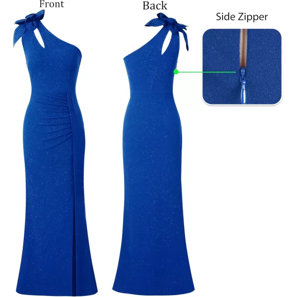 VFSHOW Womens 3D Flower One Shoulder Ruched Prom Formal Wedding Guest Maxi Dress 2023 Sexy Cocktail Split Cutout Evening GownSparkly Royal Blue