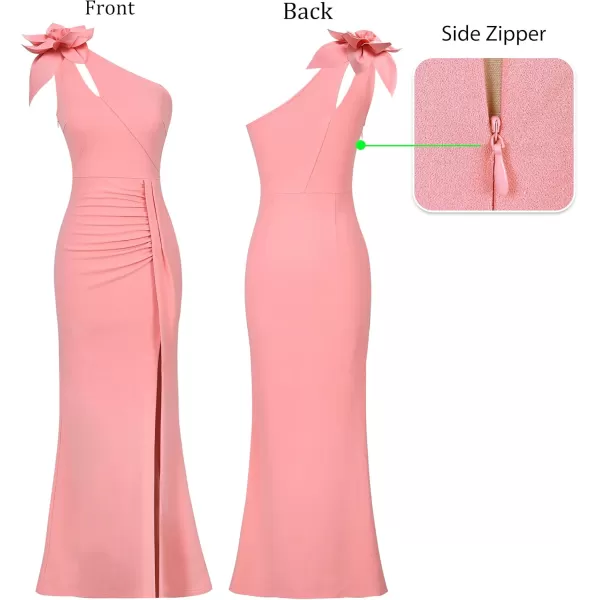 VFSHOW Womens 3D Flower One Shoulder Ruched Prom Formal Wedding Guest Maxi Dress 2023 Sexy Cocktail Split Cutout Evening GownSparkly Salmon Pink