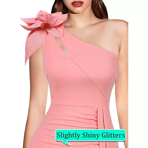 VFSHOW Womens 3D Flower One Shoulder Ruched Prom Formal Wedding Guest Maxi Dress 2023 Sexy Cocktail Split Cutout Evening GownSparkly Salmon Pink