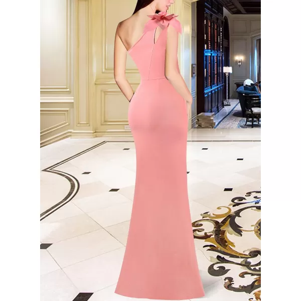 VFSHOW Womens 3D Flower One Shoulder Ruched Prom Formal Wedding Guest Maxi Dress 2023 Sexy Cocktail Split Cutout Evening GownSparkly Salmon Pink