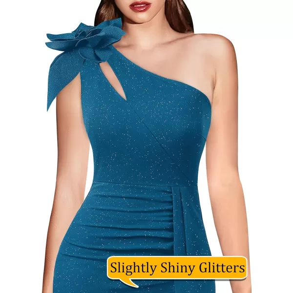 VFSHOW Womens 3D Flower One Shoulder Ruched Prom Formal Wedding Guest Maxi Dress 2023 Sexy Cocktail Split Cutout Evening GownSparkly Teal Blue