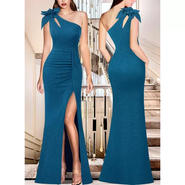 VFSHOW Womens 3D Flower One Shoulder Ruched Prom Formal Wedding Guest Maxi Dress 2023 Sexy Cocktail Split Cutout Evening GownSparkly Teal Blue