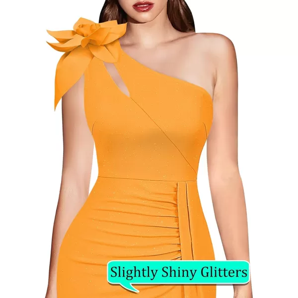 VFSHOW Womens 3D Flower One Shoulder Ruched Prom Formal Wedding Guest Maxi Dress 2023 Sexy Cocktail Split Cutout Evening GownSparkly Yellow