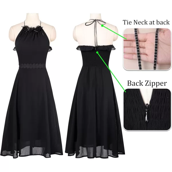 VFSHOW Womens Applique Beaded Halter Neck Smocked Back Chiffon Cocktail Party Bridesmaid Aline Midi DressBlack