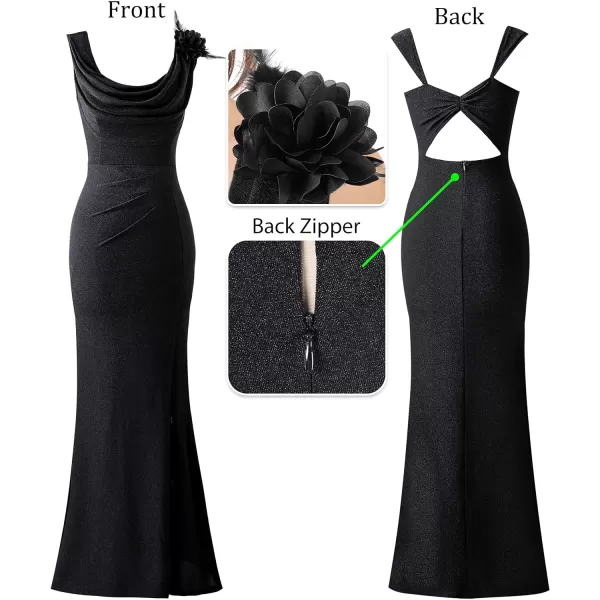 VFSHOW Womens Backless Cowl Neck Formal Prom Ruched Sexy High Split Maxi Dress 2023 3D Flower Feather Open Back Evening GownSparkly Black