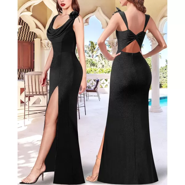 VFSHOW Womens Backless Cowl Neck Formal Prom Ruched Sexy High Split Maxi Dress 2023 3D Flower Feather Open Back Evening GownSparkly Black