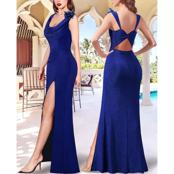 VFSHOW Womens Backless Cowl Neck Formal Prom Ruched Sexy High Split Maxi Dress 2023 3D Flower Feather Open Back Evening GownSparkly Blue