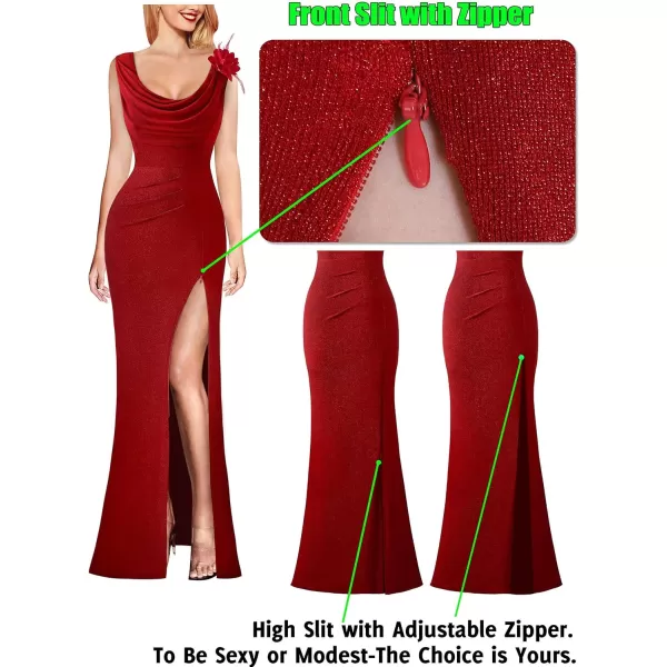 VFSHOW Womens Backless Cowl Neck Formal Prom Ruched Sexy High Split Maxi Dress 2023 3D Flower Feather Open Back Evening GownSparkly Red