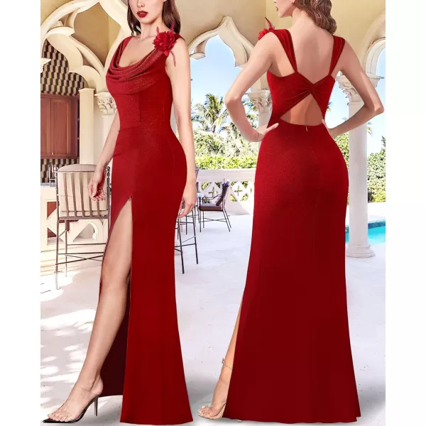 VFSHOW Womens Backless Cowl Neck Formal Prom Ruched Sexy High Split Maxi Dress 2023 3D Flower Feather Open Back Evening GownSparkly Red