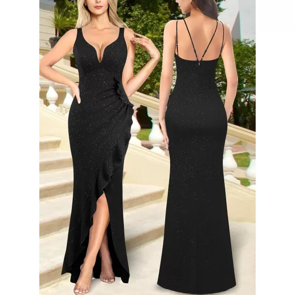 VFSHOW Womens Backless Ruched Ruffle Deep V Neck Formal Prom Wedding Maxi Dress 2023 Spaghetti Strap Sexy Split Evening GownSparkly Black