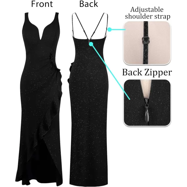 VFSHOW Womens Backless Ruched Ruffle Deep V Neck Formal Prom Wedding Maxi Dress 2023 Spaghetti Strap Sexy Split Evening GownSparkly Black