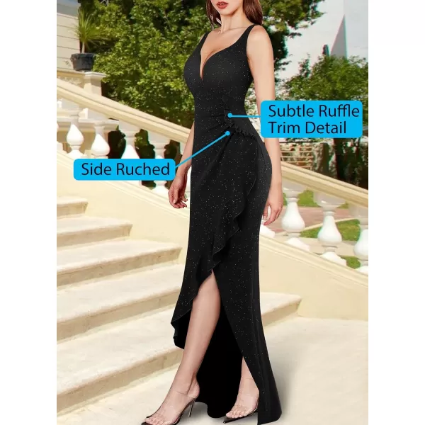 VFSHOW Womens Backless Ruched Ruffle Deep V Neck Formal Prom Wedding Maxi Dress 2023 Spaghetti Strap Sexy Split Evening GownSparkly Black