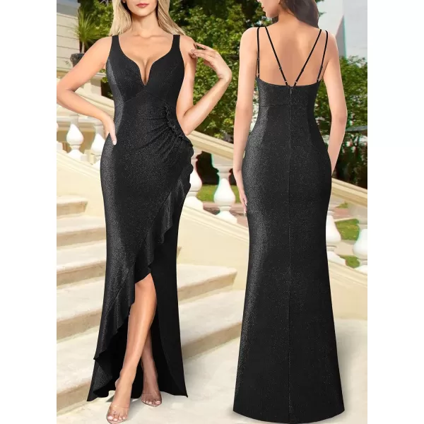 VFSHOW Womens Backless Ruched Ruffle Deep V Neck Formal Prom Wedding Maxi Dress 2023 Spaghetti Strap Sexy Split Evening GownSparkly Black2