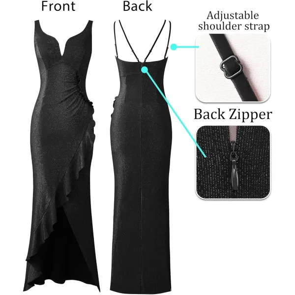 VFSHOW Womens Backless Ruched Ruffle Deep V Neck Formal Prom Wedding Maxi Dress 2023 Spaghetti Strap Sexy Split Evening GownSparkly Black2