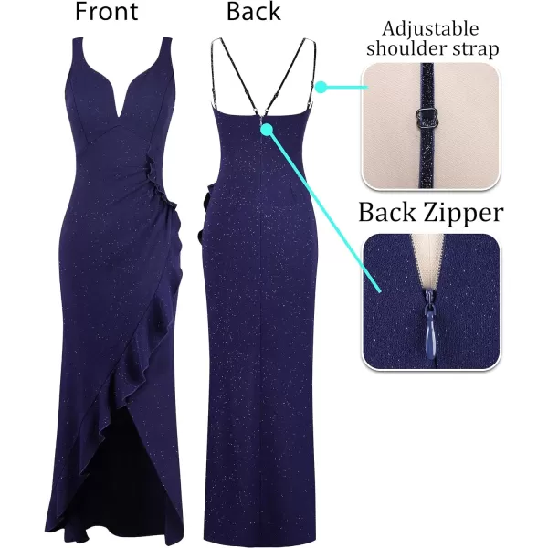 VFSHOW Womens Backless Ruched Ruffle Deep V Neck Formal Prom Wedding Maxi Dress 2023 Spaghetti Strap Sexy Split Evening GownSparkly Navy Blue