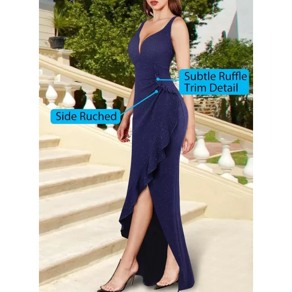 VFSHOW Womens Backless Ruched Ruffle Deep V Neck Formal Prom Wedding Maxi Dress 2023 Spaghetti Strap Sexy Split Evening GownSparkly Navy Blue