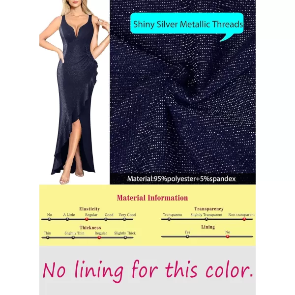 VFSHOW Womens Backless Ruched Ruffle Deep V Neck Formal Prom Wedding Maxi Dress 2023 Spaghetti Strap Sexy Split Evening GownSparkly Navy Blue2