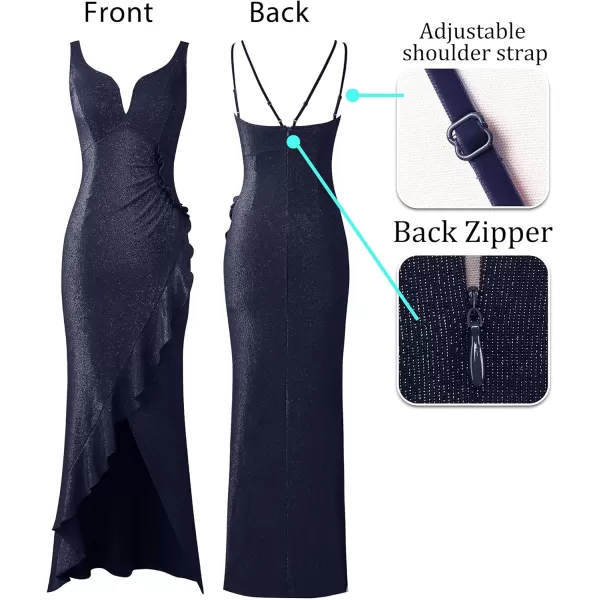 VFSHOW Womens Backless Ruched Ruffle Deep V Neck Formal Prom Wedding Maxi Dress 2023 Spaghetti Strap Sexy Split Evening GownSparkly Navy Blue2