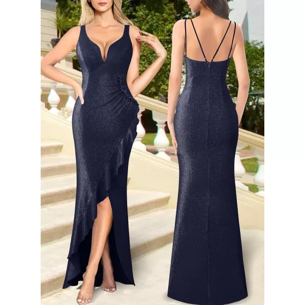 VFSHOW Womens Backless Ruched Ruffle Deep V Neck Formal Prom Wedding Maxi Dress 2023 Spaghetti Strap Sexy Split Evening GownSparkly Navy Blue2